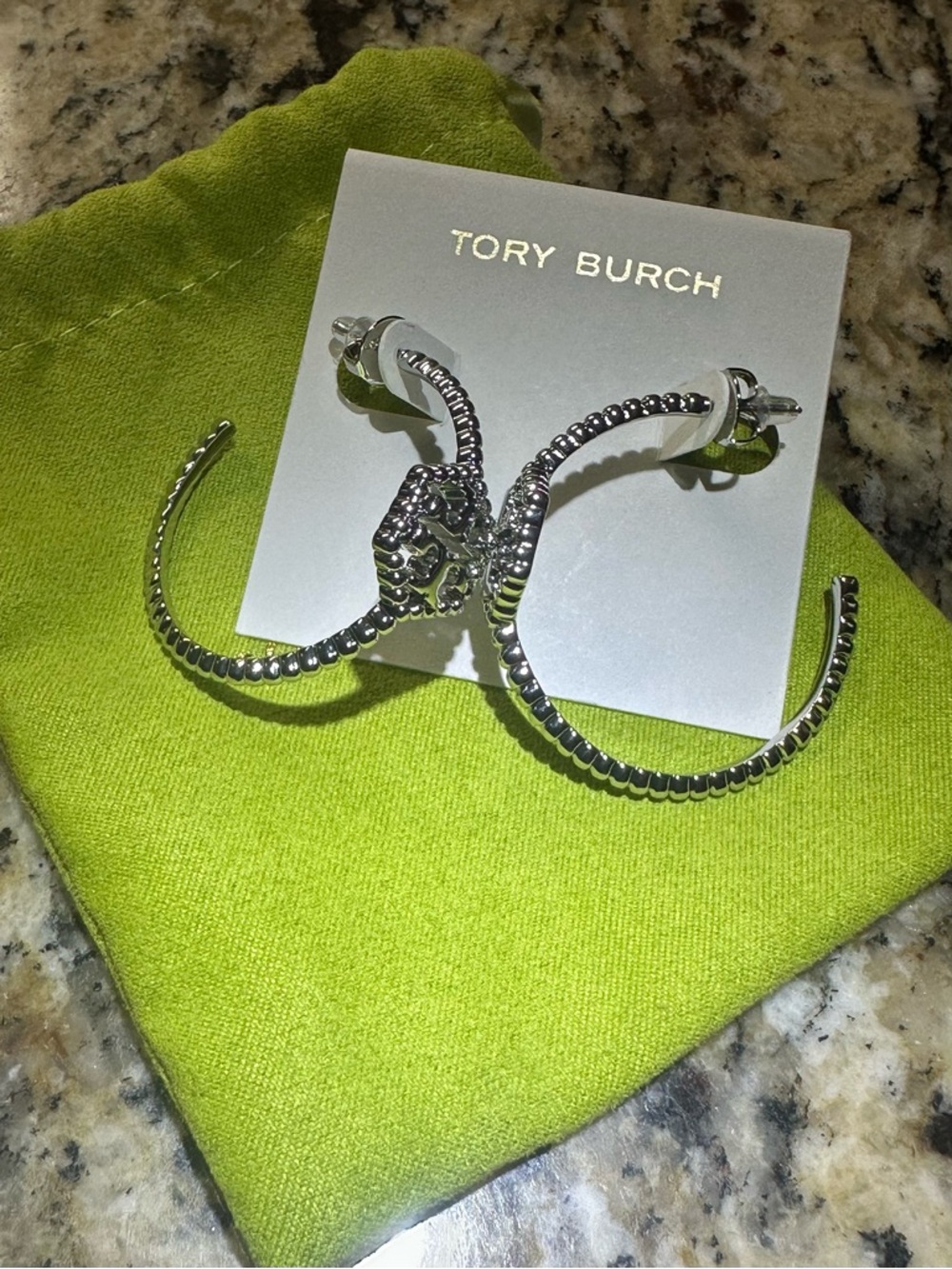 Tory Burch Silver Textured Hoop Earrings